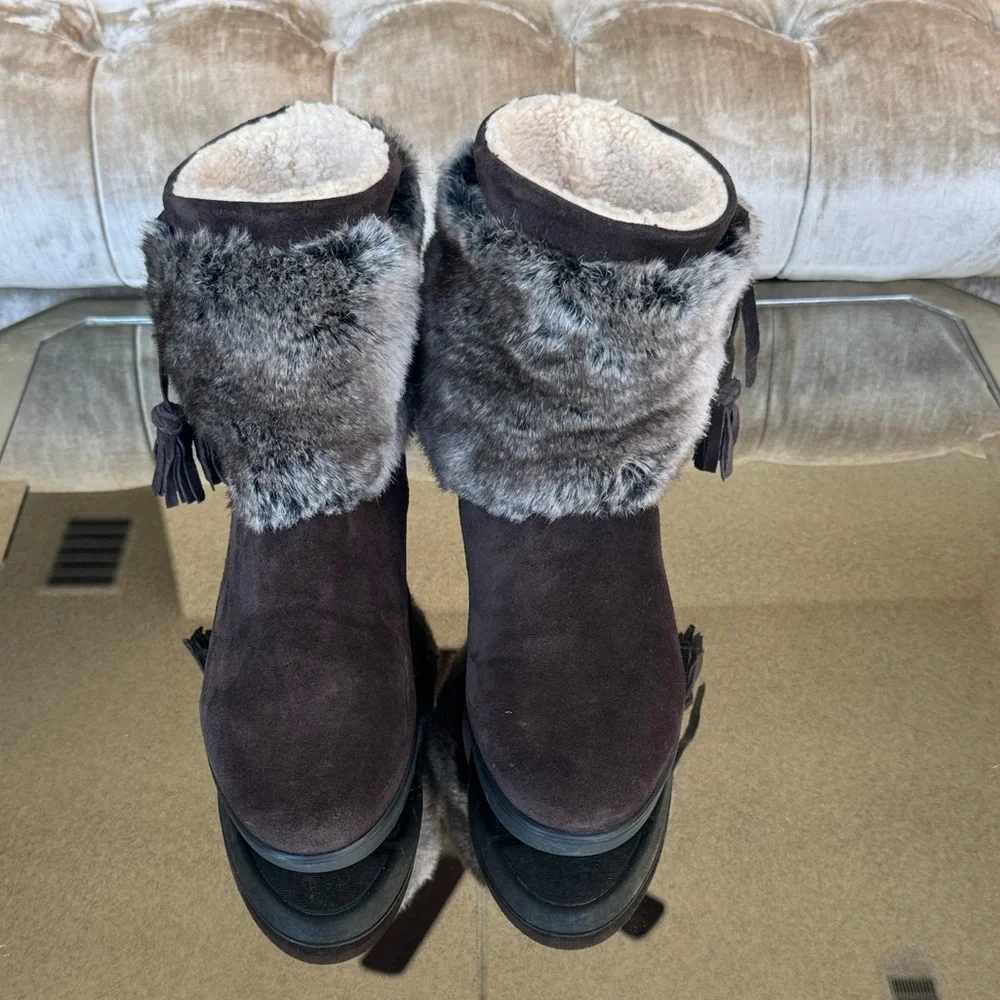 Aquatalia Brown Suede Faux Fur Trim Tassel Wedge Boots Womens 6.5